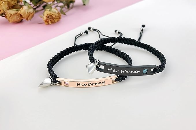 personalized couple bracelet set on a table on display