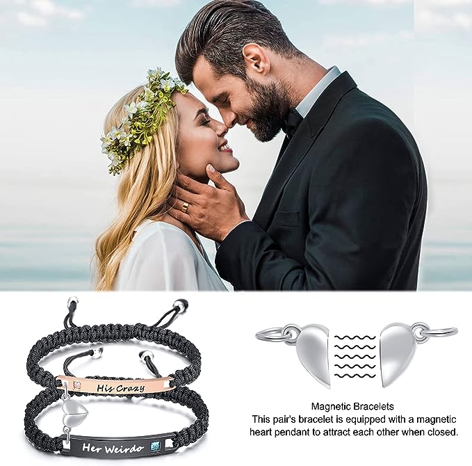 man leaning in to kiss his wife showing the custom bracelet