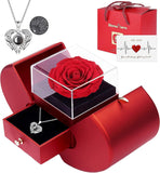 closeup of eternal rose jewelry box and its contents, the preserved rose