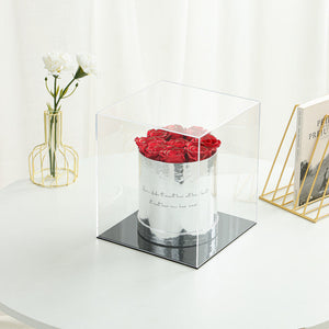 Luxury Round Silver Box Preserved Roses -  Pink 