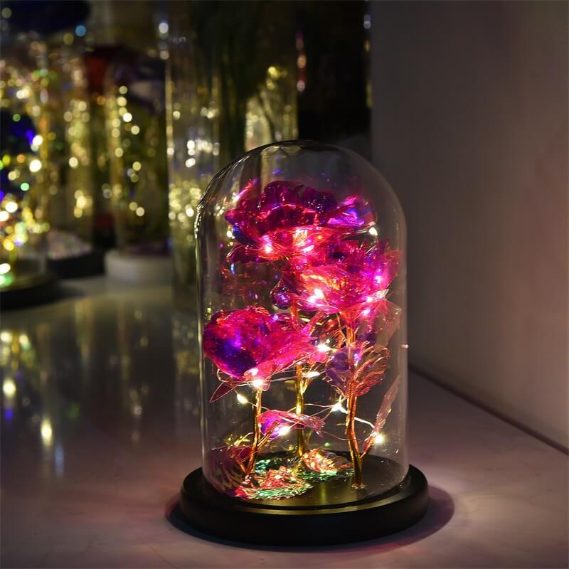 Exclusive Triple Crystal Rose in LED Glass Dome [New 2025 Design] -  Pink 