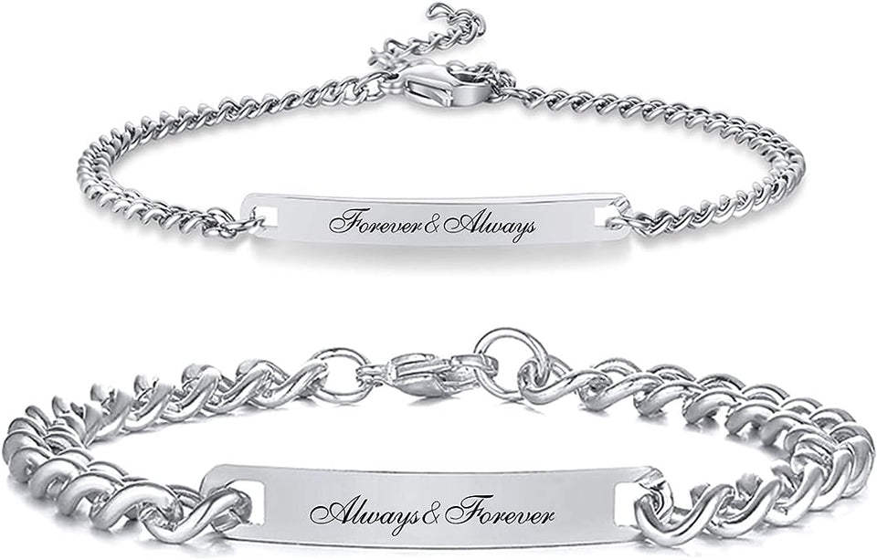 Couples Engraved Bracelet Set -  Silver on white background