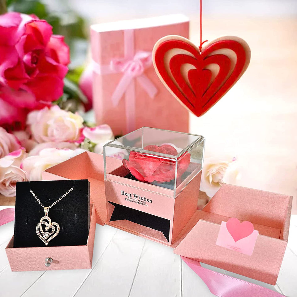 Jewelry Rose Box With "I Love You In 100 Languages" Necklace Royal Blue -  Pink-Box-With-Silver-Necklace