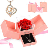 Jewelry Rose Box With "I Love You In 100 Languages" Necklace Royal Blue -  Pink-Box-With-Gold-Necklace