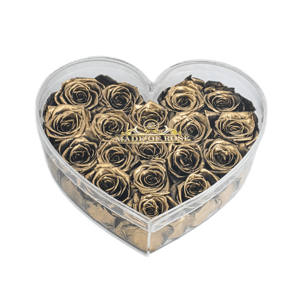 Luxury Golden Roses In Heart Acrylic Box