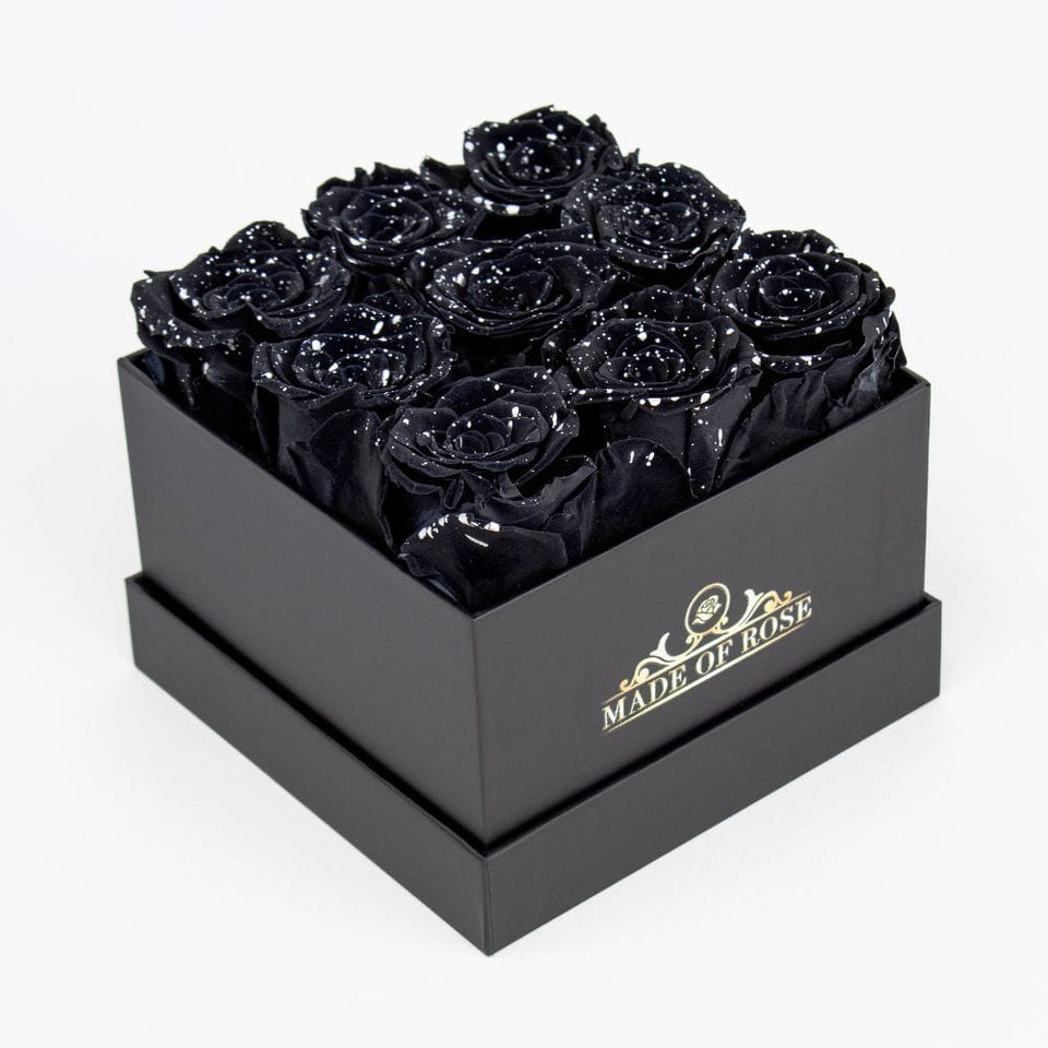 Side view of Black Sparkling Roses In their Box