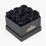 Side view of Black Sparkling Roses In their Box