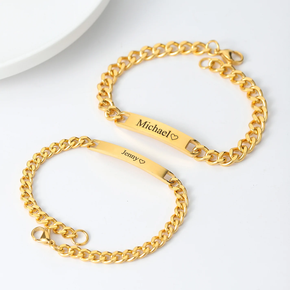 Couples Engraved Bracelet Set -  gold color on grey background