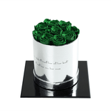 Luxury Round Silver Box Preserved Roses -  Green 