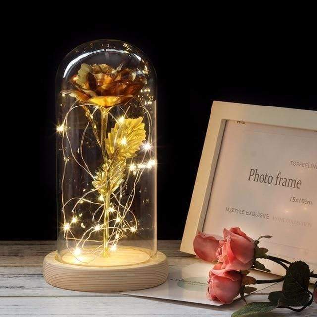 LED Rose In Glass Dome -  Gold