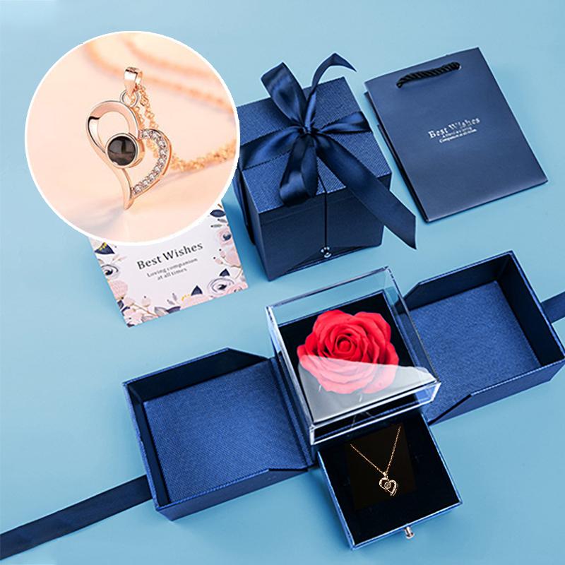 Jewelry Rose Box With Necklace -  Blue-Box-With-Gold-Necklace