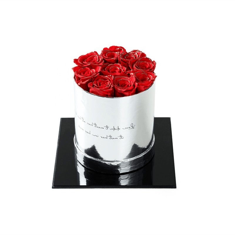 Luxury Round Silver Box Preserved Roses -  Red 