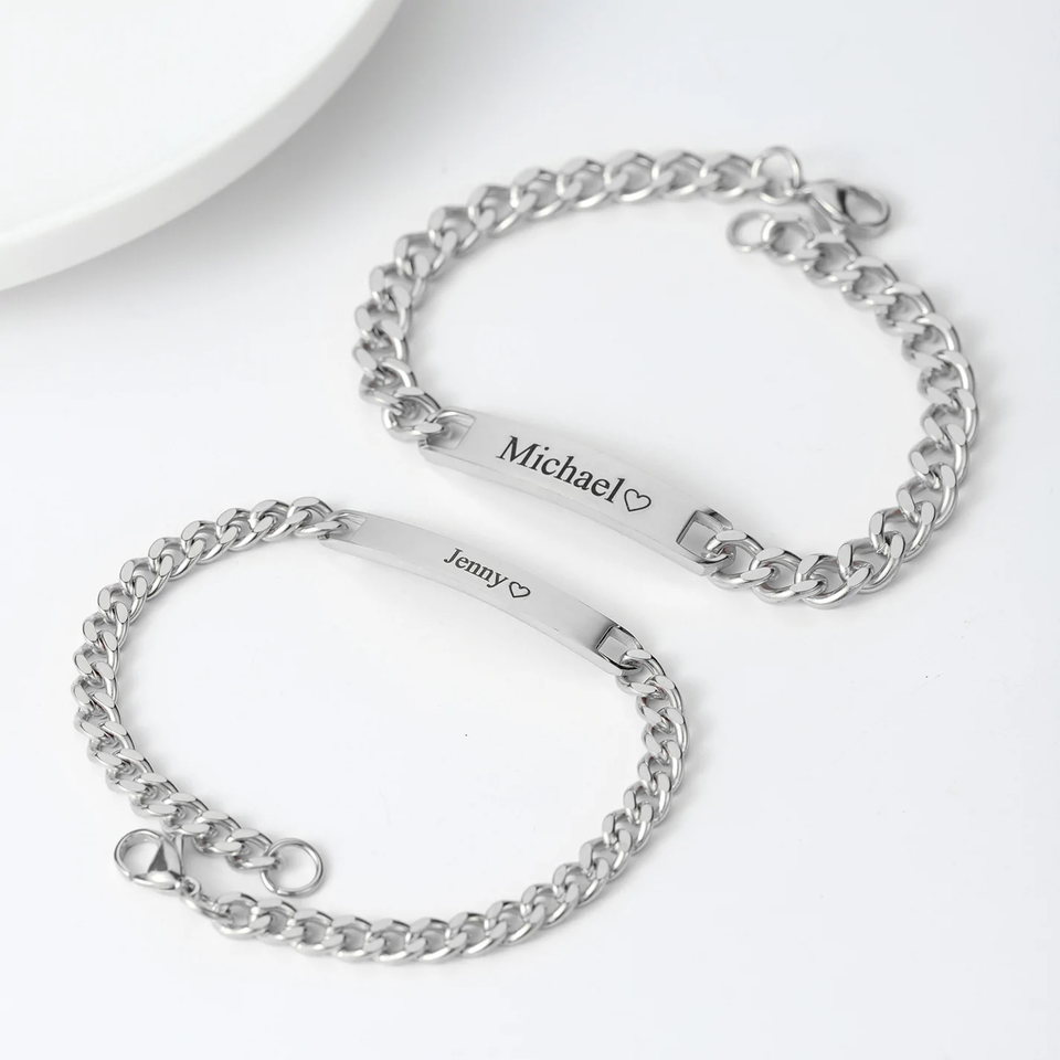 Couples Engraved Bracelet Set -  silver color on grey background